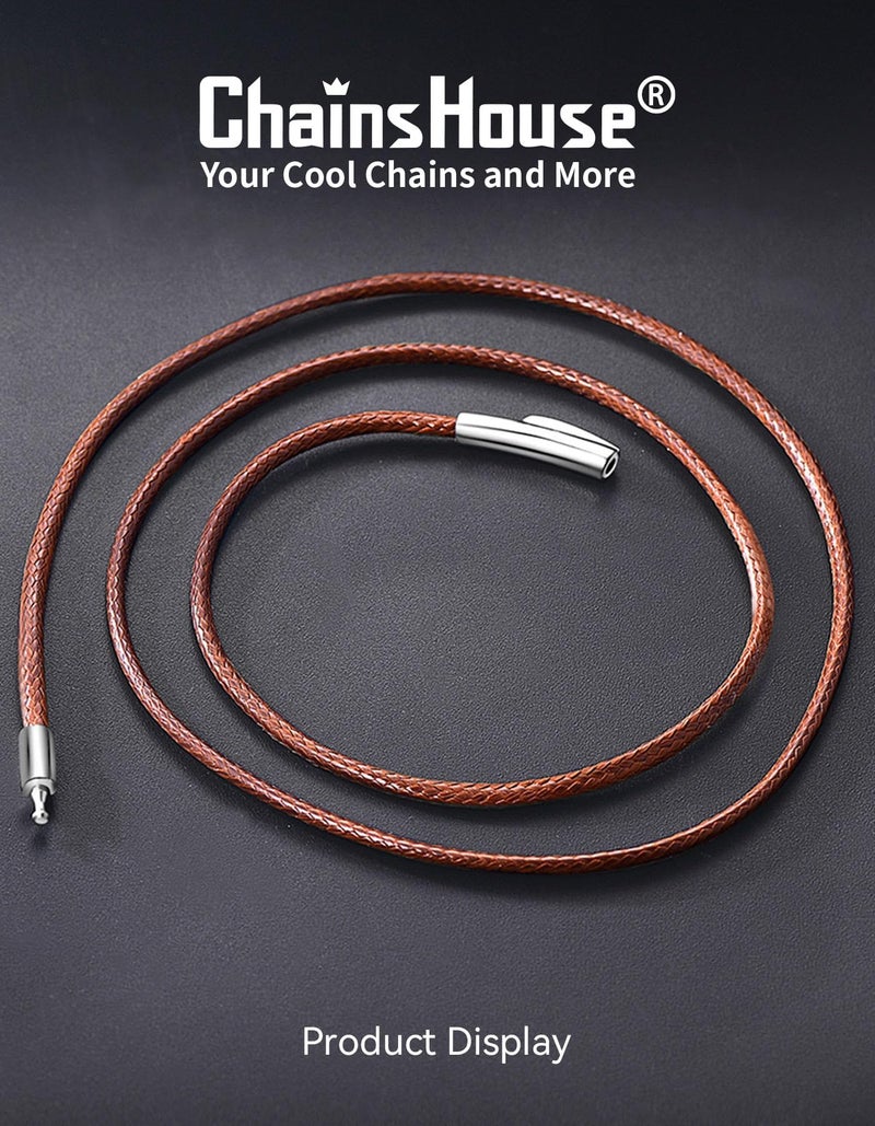 ChainsHouse Brown Leather Cord Necklace with Stainless Steel Clasp, 2MM 20 Inches Waterproof Braided Rope Unisex Jewelry with Gift Box - Image 3